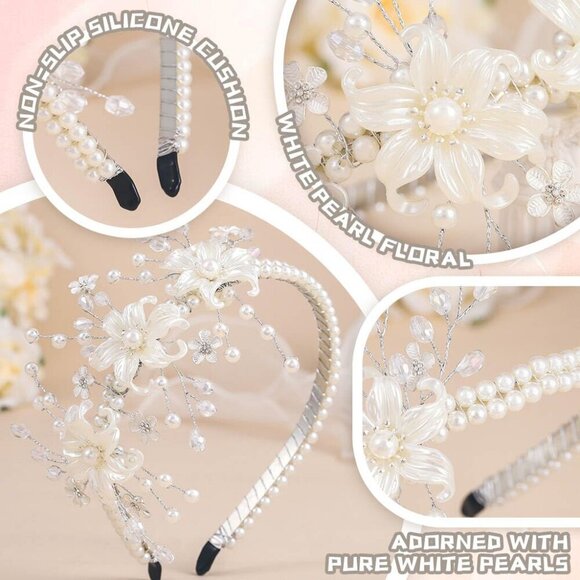 White Flower Girl Headband Pearl Wedding Hair Accessory for First Communion